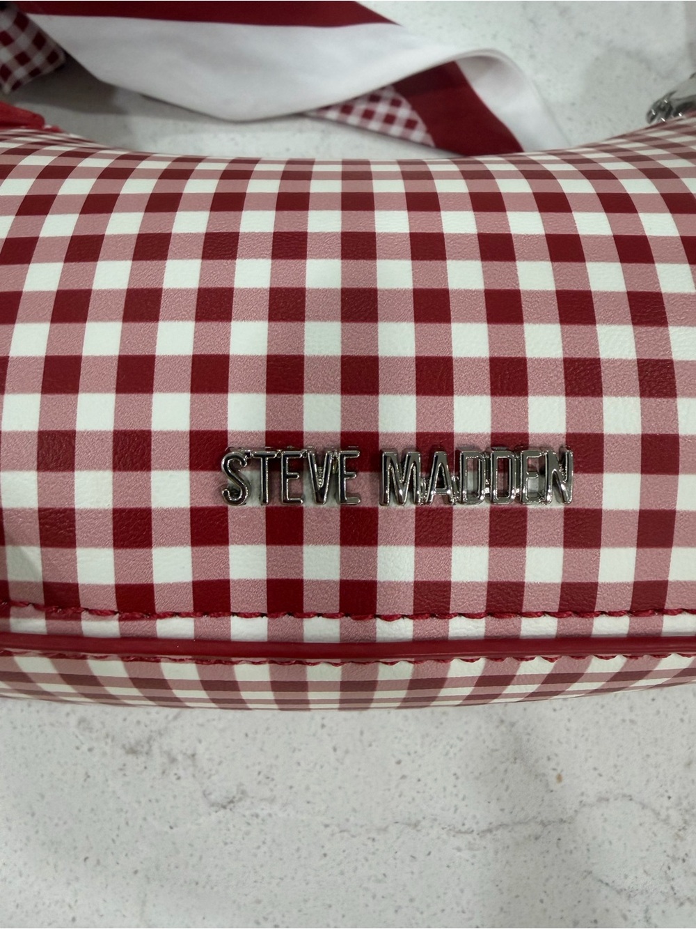Steve Madden Red and White Gingham Shoulder Bag with Scarf Accent - Picture 2 of 9